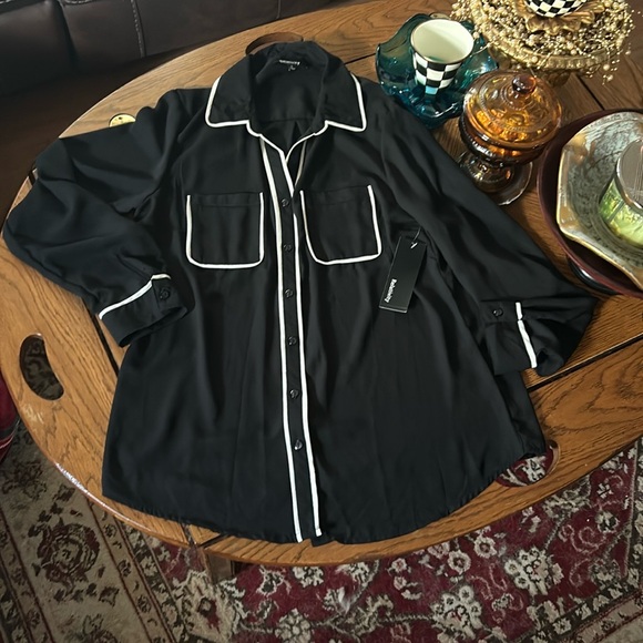 Sheer Black & White Blouse with Roll Tab Sleeves and Chest Pockets - Picture 14 of 14